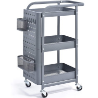 Carro rodante de 3 niveles Kingrack, carro de servicios de metal con tablero, organizador de carro de almacenamiento que sirve carrito con mango y ganchos de cestas adicionales para el aula de maestros de oficina de cocina, gris