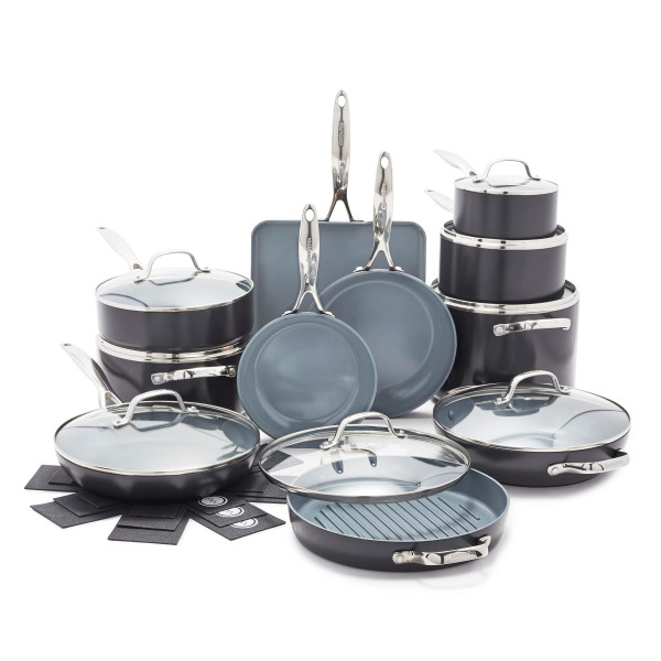 Greenpan Valencia Pro Hard Anodized Ceramic Nonstick Nonstick de 22 piezas de cocina de 22 piezas Setas y sartenes, parrilla, planchas, sartenes de salte y salsa, calcetines, tapas, sin PFA, inducción, lavavajillas y horno, gris gris, gris