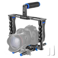 Kit de fabricación de películas de video en jaula de la cámara Neewer, aleación de aluminio con manija superior, empuñadura de doble mano, dos varillas de 15 mm, compatibles con la cámara DSLR y videocámaras de canon Sony Fujifilm Nikon (negro + azul)