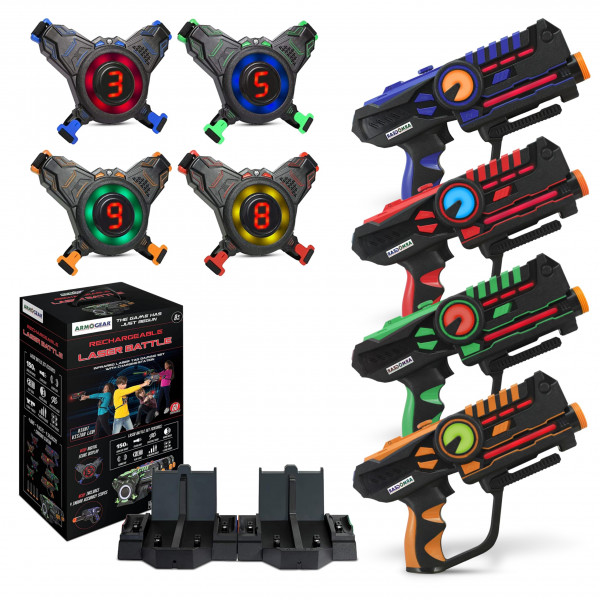 Armogear Guns con chalecos con chalecos de 4 - pistolas de etiquetas láser para adultos, etiquetas Lazer multijugador configuradas para niños, adolescentes y adultos - Juego de interior y exterior para diversión familiar: regalo para niños y niñas, mayore
