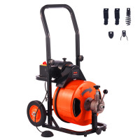 VEVOR Máquina de limpieza de drenaje VEVOR 100 pies x 1/2 pulgadas, alimentación automática de sinfín de alcantarillado con un interruptor de pie activado por 4 cortadores y aire para tuberías de 2 a 4, naranja, negro